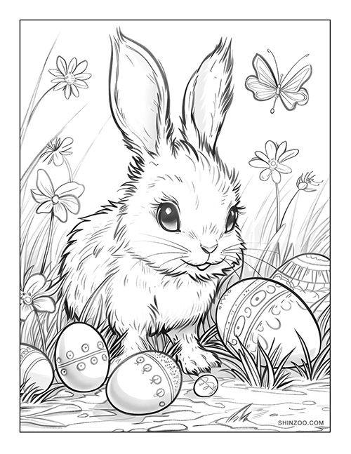 easter bunny and easter eggs, flowers and butterflies coloring page
