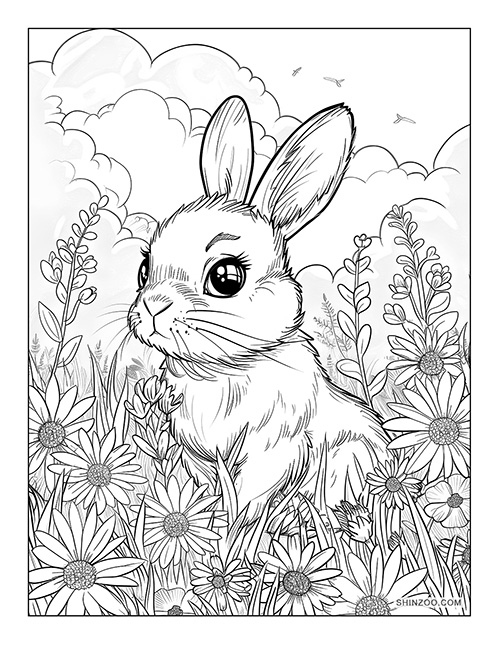 moody easter bunny with daisies coloring page printable