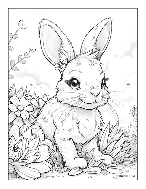 cute easter bunny among flowers coloring page free