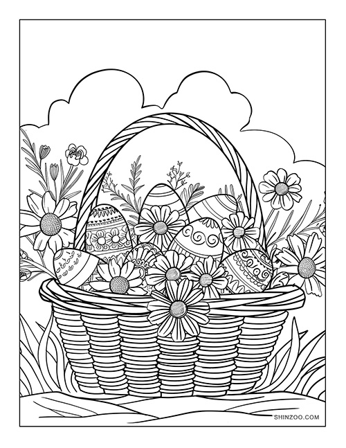 easter basket full of flowers and easter eggs coloring sheet