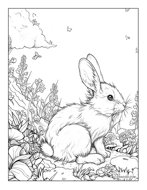 free cute easter bunny rabbit and flowers coloring page