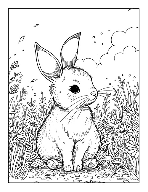 cute litte easter bunny playing among spring flowers coloring page