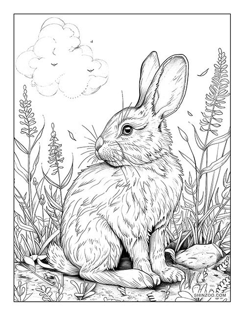 realistic easter bunny and flowers free coloring page printable