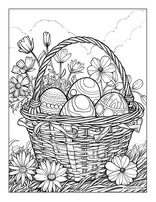 easter basket with easter eggs and flowers printable coloring page