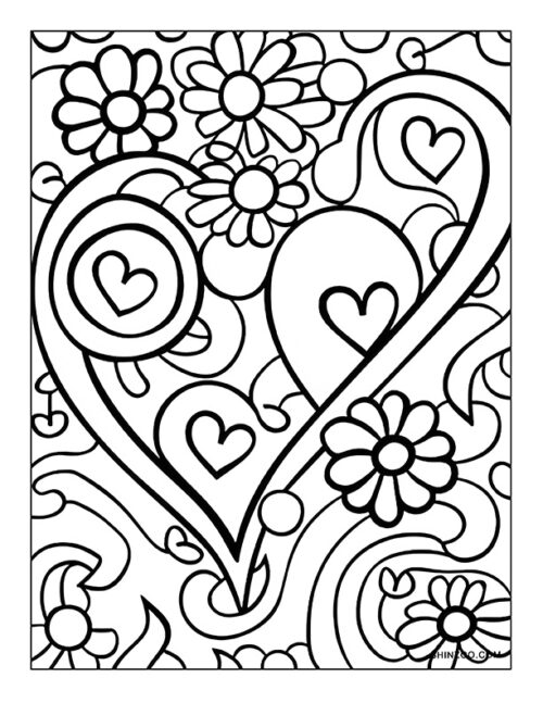 Flower Hearts Coloring Page 01