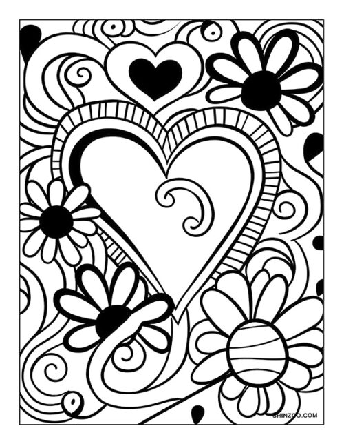 Flower Hearts Coloring Page 04