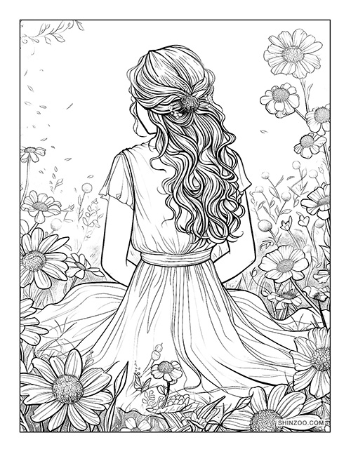 girl sitting in a garden surrounded by beautiful flowers coloring page