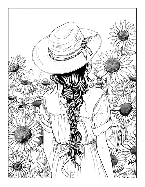 girl with hat admiring the sunflowers coloring page