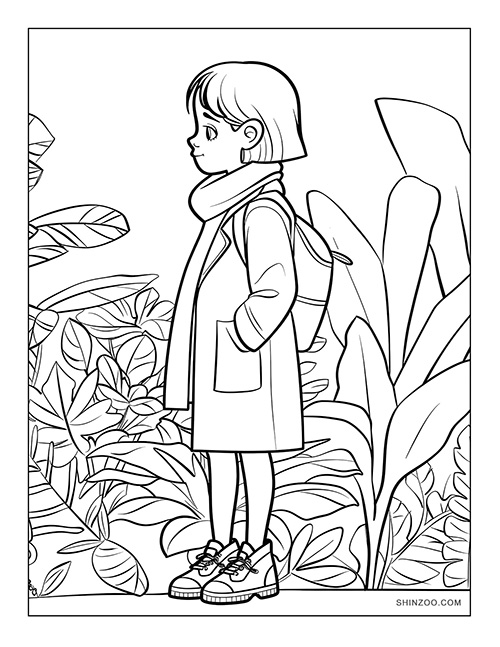 little girl in a tropical garden coloring page printable