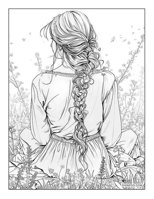 girl with braided hair sitting on a flower garden coloring page