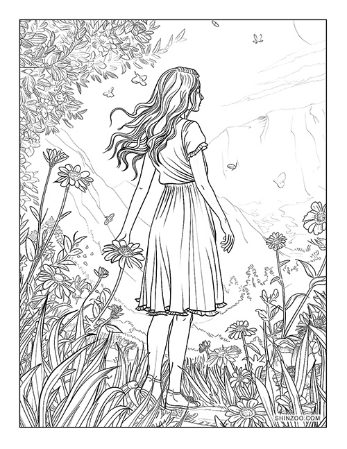 girl with long hair enjoying the flowers in springtime coloring page