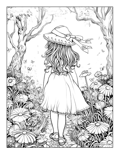little girl with pretty hat walking in a garden with flowers coloring page