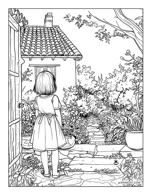girl in the cottage admiring the flowers in the garden coloring page