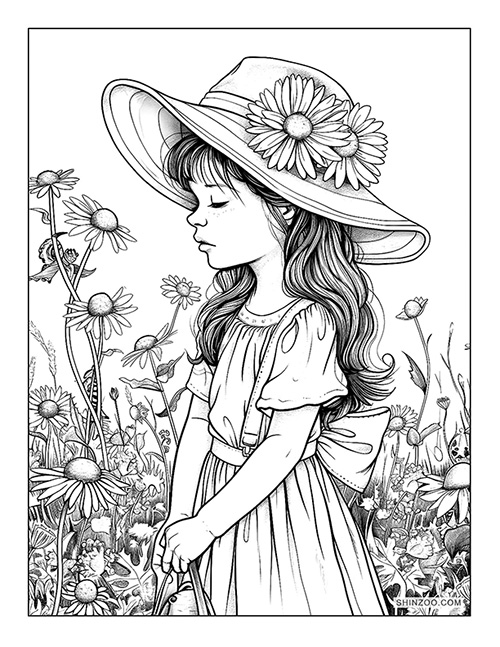 little girl with floral hat smelling the daisies in the garden coloring page