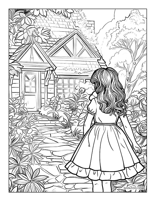 girl in pretty dress walking in the cottage garden coloring page