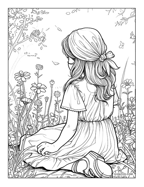 girl playing among the flowers in the garden coloring page