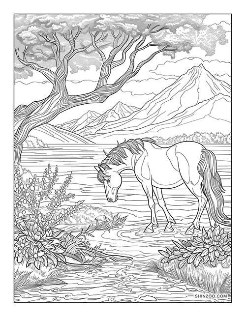 horse drinking from a river in the forest coloring page