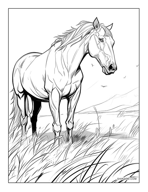 majestic horse in the grassland coloring page