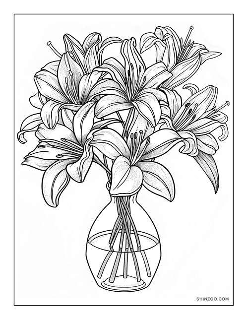 lily flowers in a glass vase coloring page