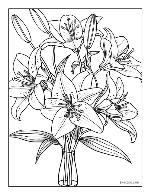 lily flowers in a vase coloring page