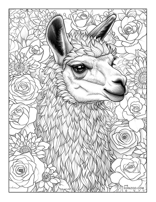 Llama with Flowers Coloring Page 01