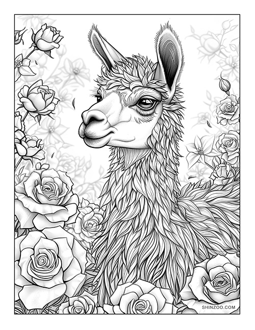 Llama with Flowers Coloring Page 02