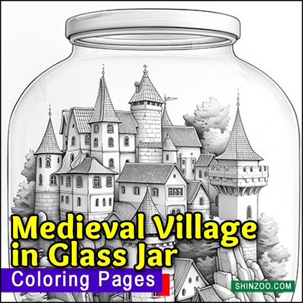 Medieval Village in a Jar Grayscale Coloring Pages Printable