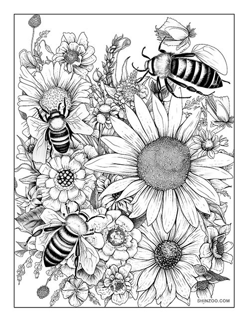 Bees and Flowers Coloring Page 01