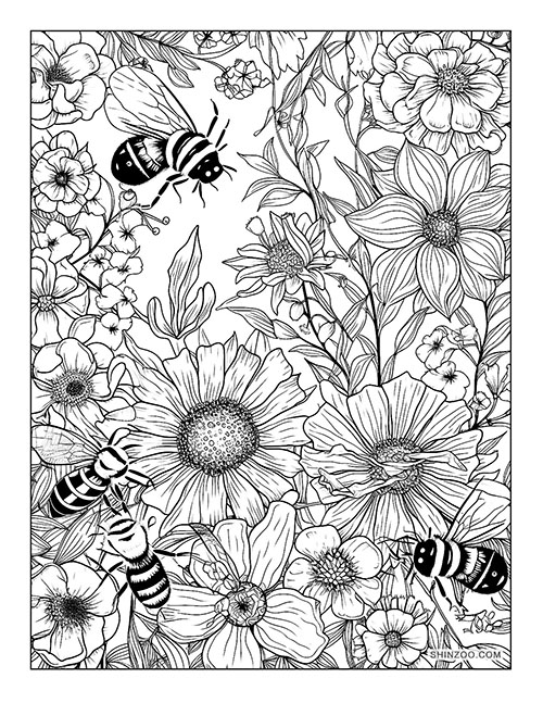 Bees and Flowers Coloring Page 02