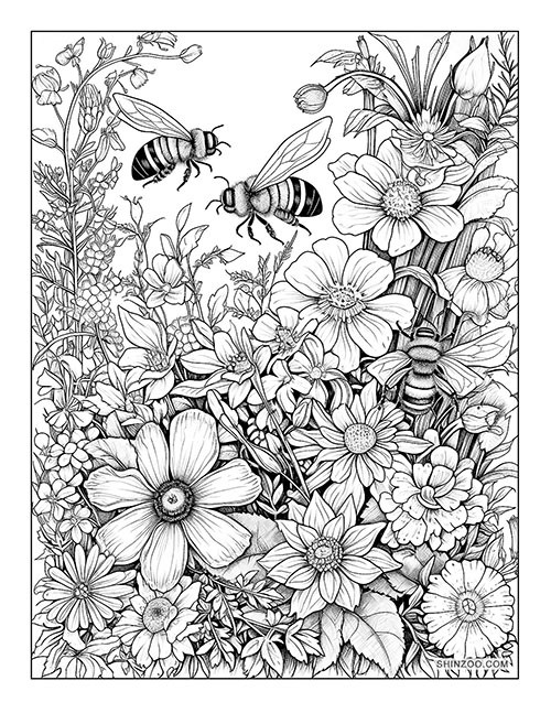 Bees and Flowers Coloring Page 03