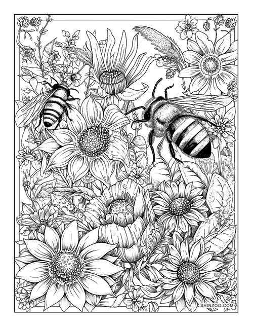 Bees and Flowers Coloring Page 04