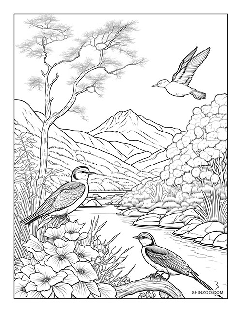 Birds and Flowers Coloring Page 01