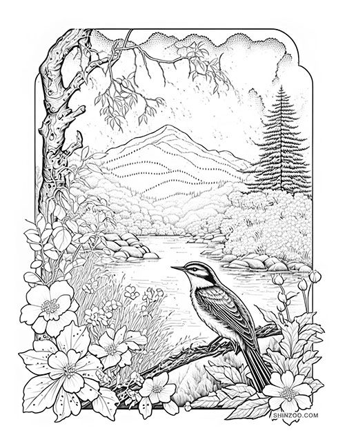 Birds and Flowers Coloring Page 02