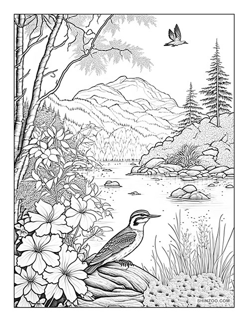 Birds and Flowers Coloring Page 03