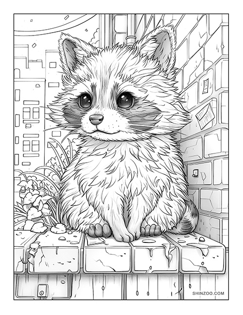 Raccoon in the City Coloring Page 01