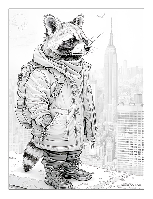 Raccoon in the City Coloring Page 03