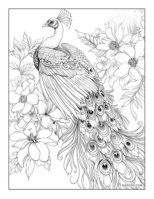 Floral Peacock Coloring Page 03