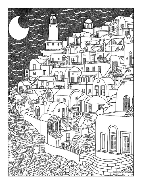 Lovely Santorini Coloring Page 02