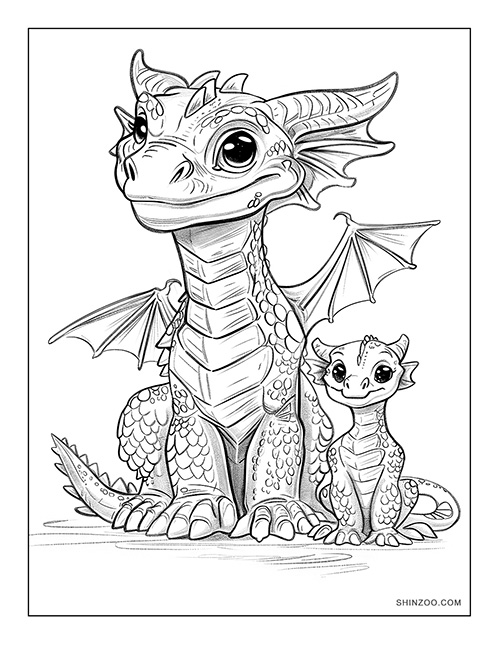 Mother and Baby Dragons Coloring Page 01