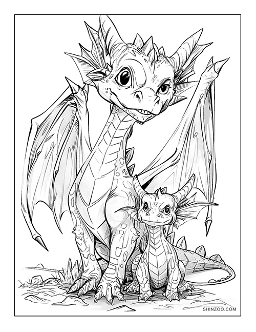 Mother and Baby Dragons Coloring Page 02