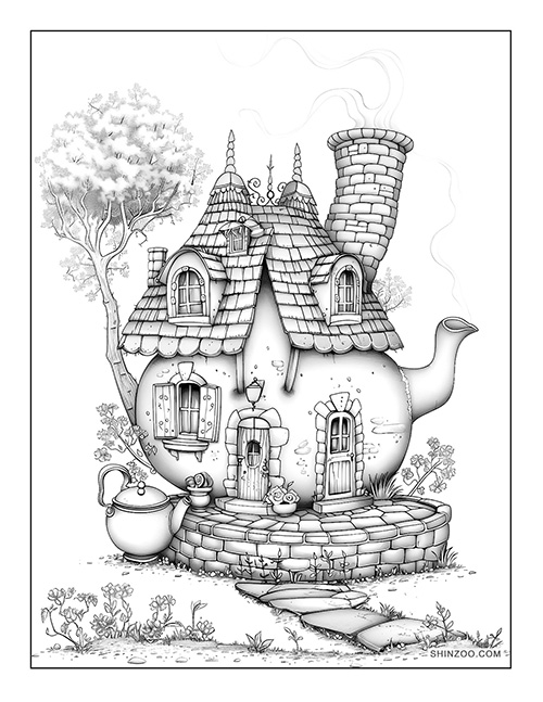 Teapot Fairy House Coloring Page 01
