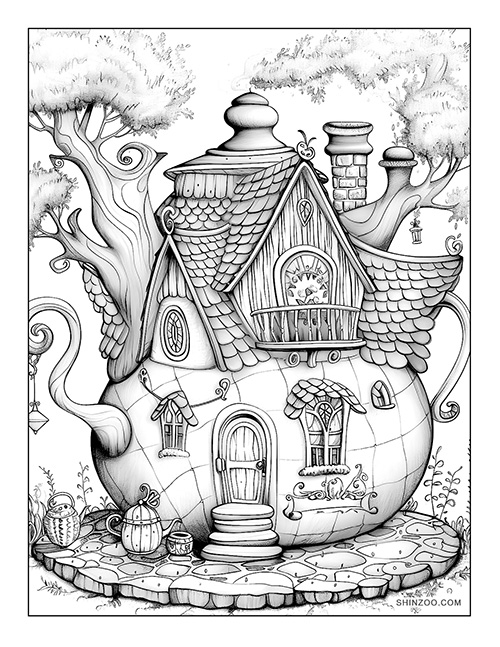 Teapot Fairy House Coloring Page 02