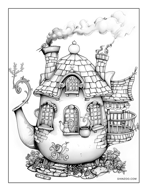 Teapot Fairy House Coloring Page 03