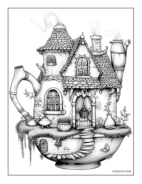 Teapot Fairy House Coloring Page 04