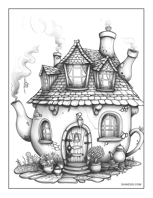 Teapot Fairy House Coloring Page 05