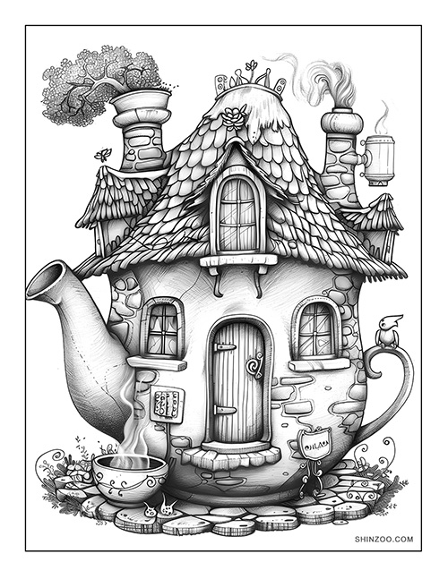 Teapot Fairy House Coloring Page 06