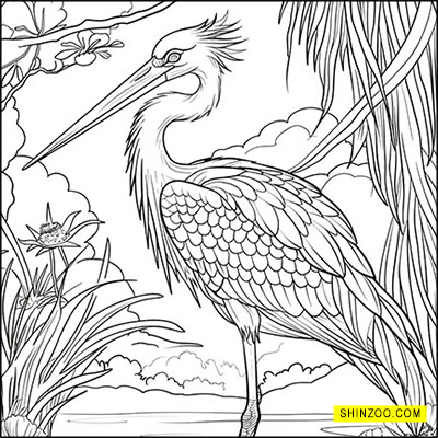 Heron in Marshland Paradise Coloring Page
