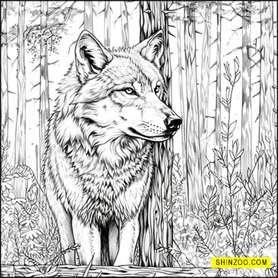 Guardian of the Woods: A Wolf’s Colorful Haven Coloring Page