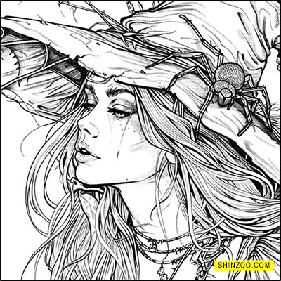 Beautiful Spider Witch with Magic Hat Halloween Coloring Page
