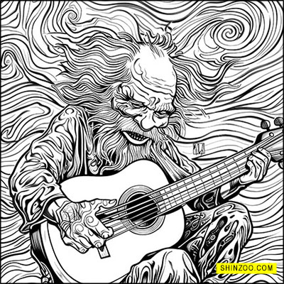 Mythical Old Troll Enjoying Music with Guitar Coloring for Halloween